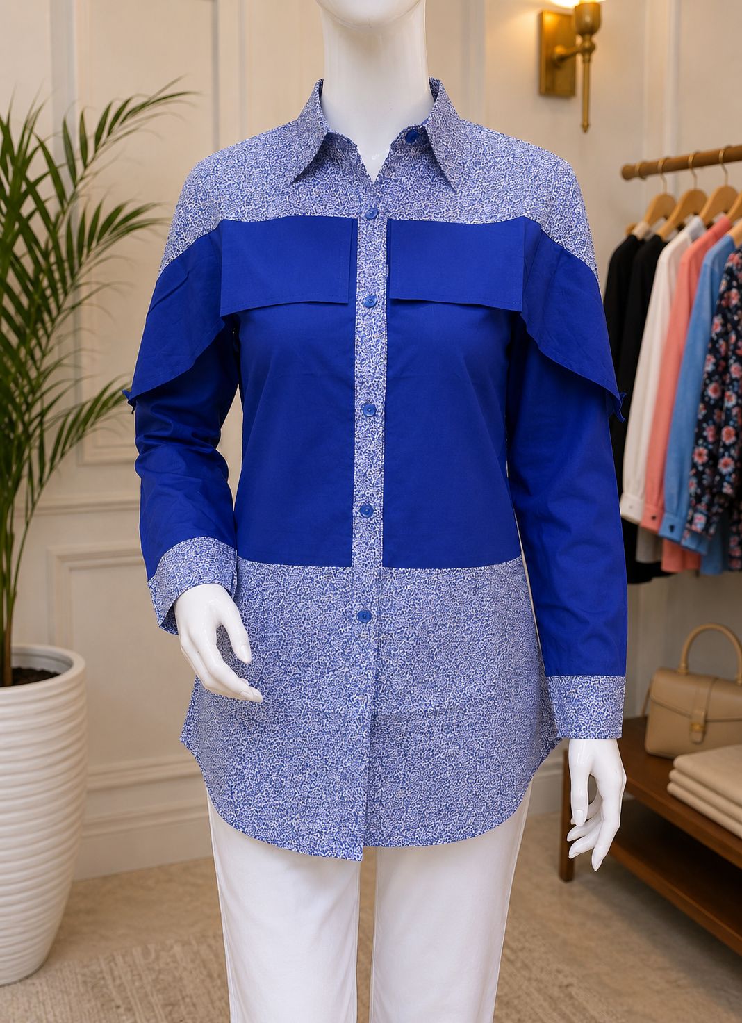 Elegant Contrast Panel Button-Down Women's Tunic