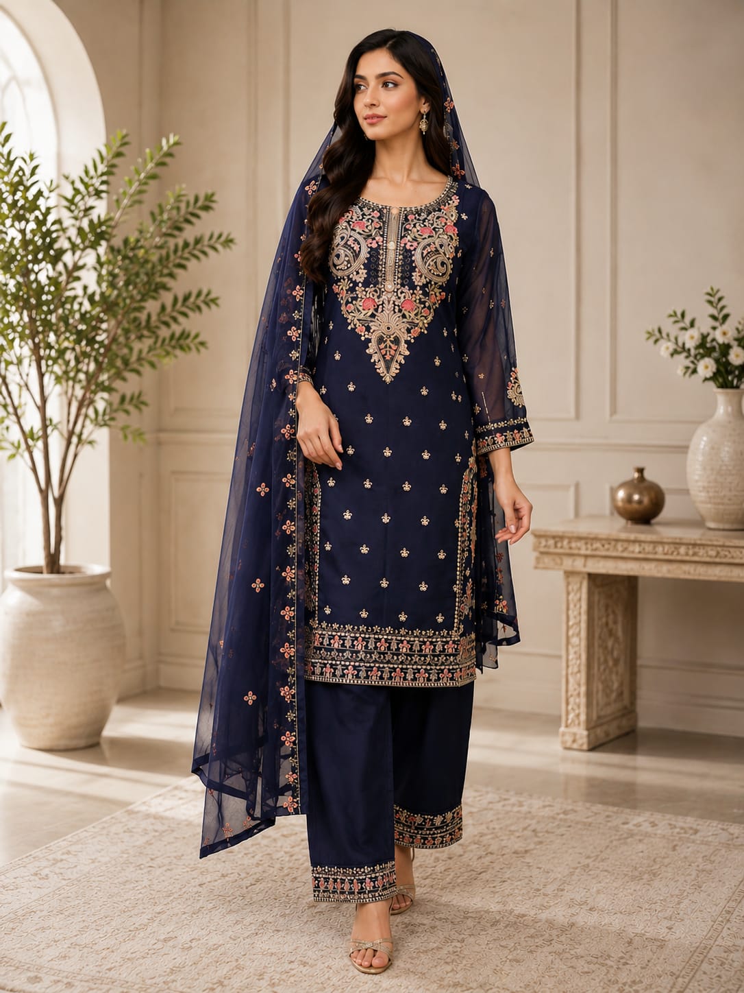 Luxury Embroidered Chiffon 3-Piece Suit