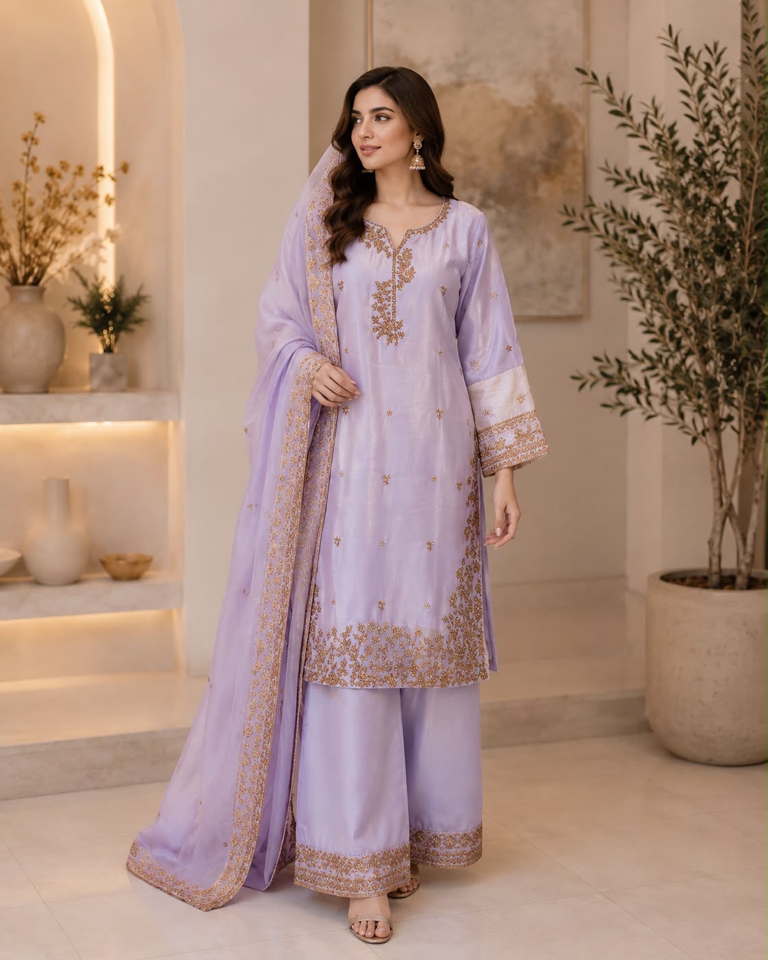Luxury Sheesha Silk Embroidered 3-Piece Farshi Shalwar Suit