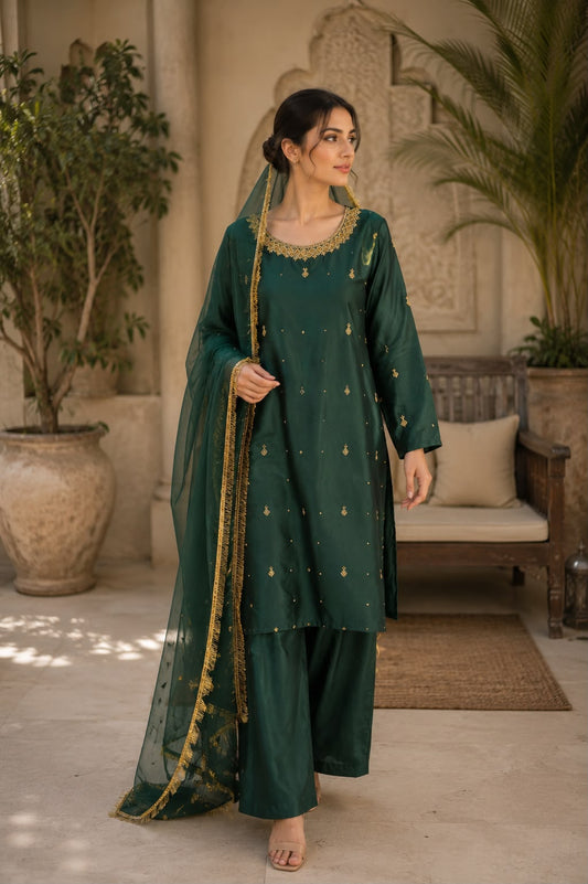 Noor Royale Silk 3-Piece Suit with Chiffon Kiran Dupatta
